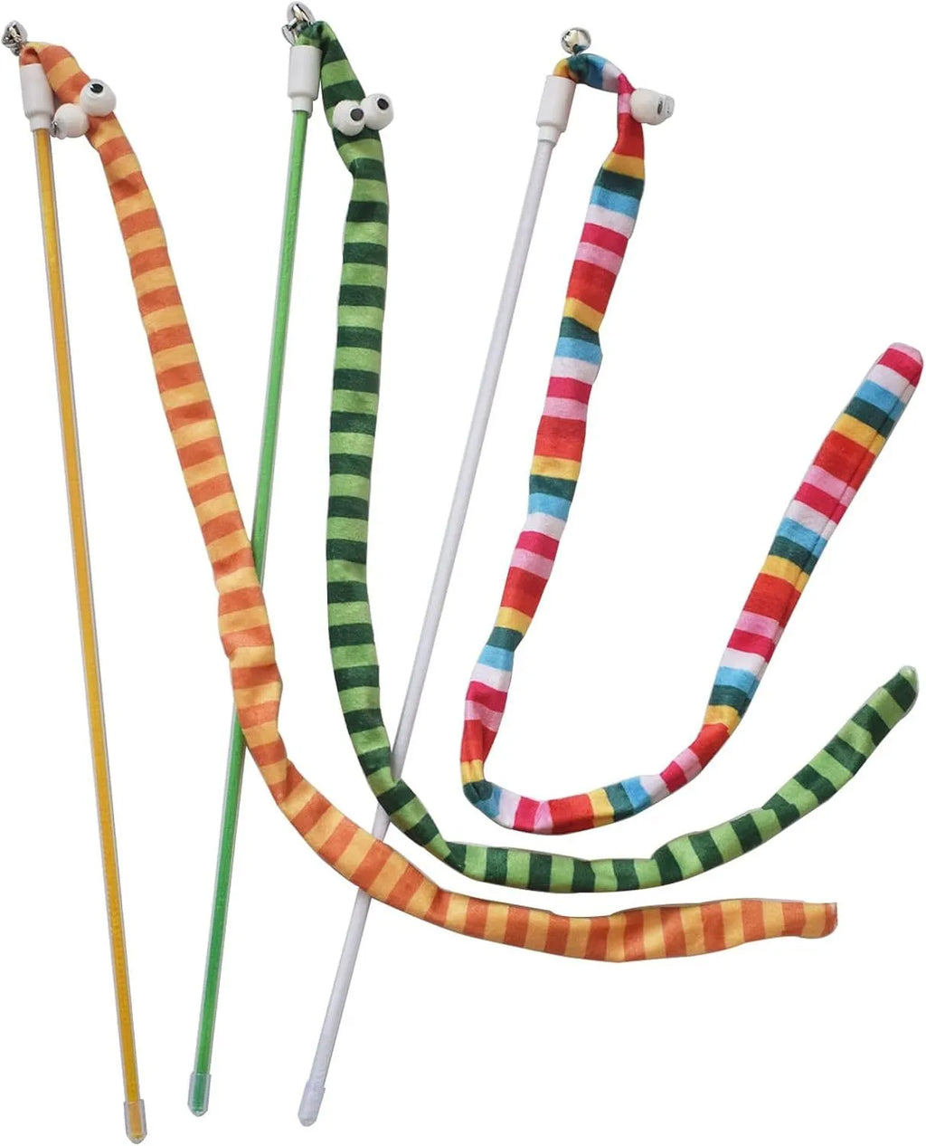 Cat wand teaser toy with polycarbonate pole and colourful plush strip for interactive play