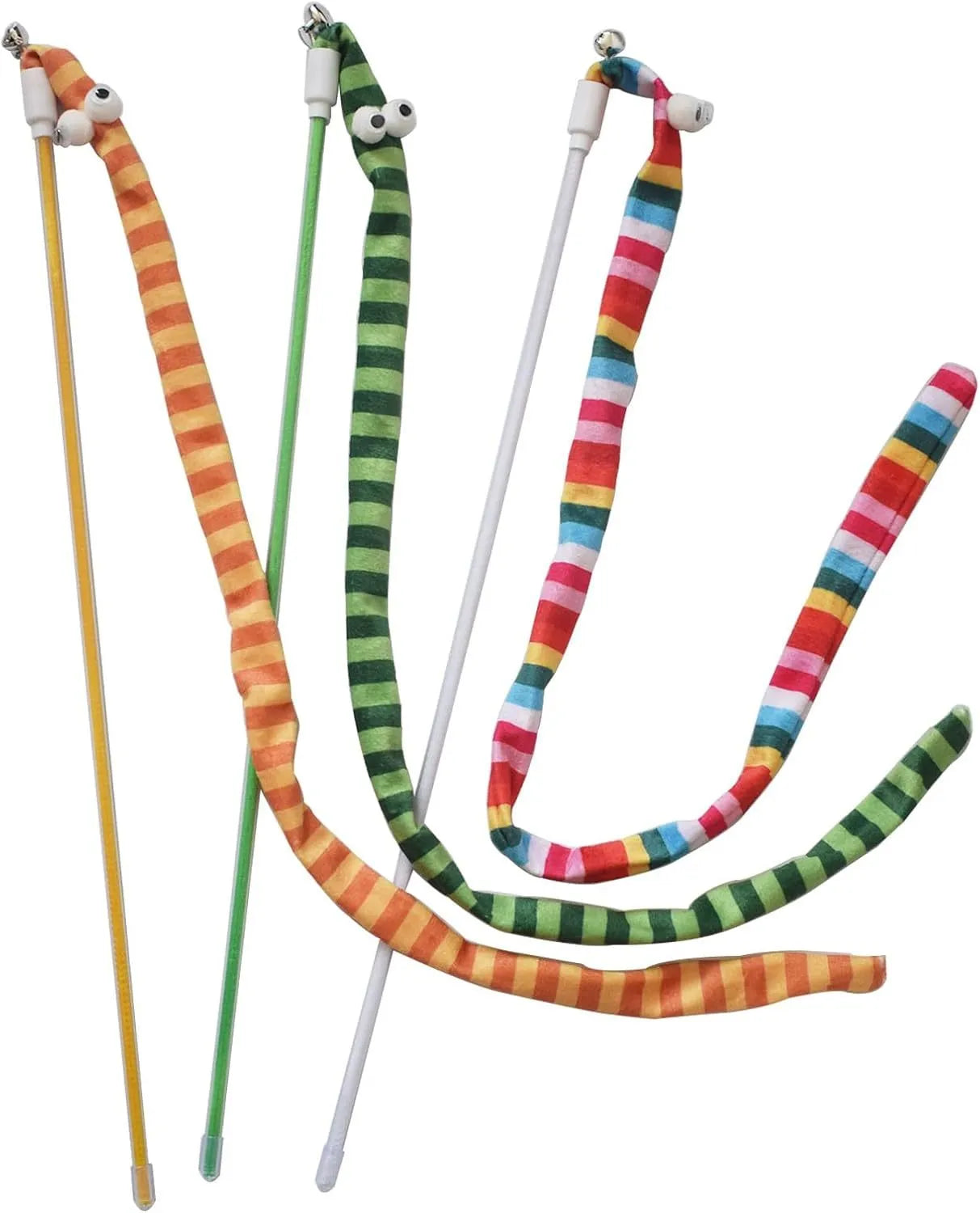 Cat wand teaser toy with polycarbonate pole and colourful plush strip for interactive play