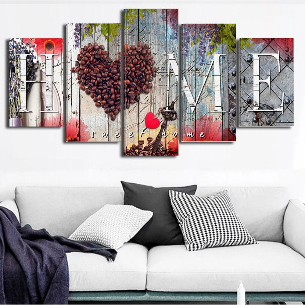 Red oil painting style wall panels in graduated sizes for coordinated home decoration