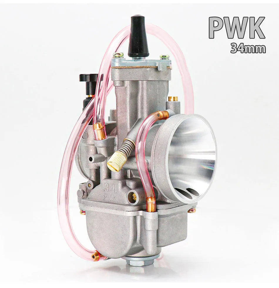 Seven PWK sandblasted motorcycle carburettors in sizes 21mm, 24mm, 26mm, 28mm, 30mm, 32mm, and 34mm for engine modification.