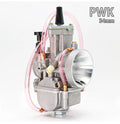 Seven PWK sandblasted motorcycle carburettors in sizes 21mm, 24mm, 26mm, 28mm, 30mm, 32mm, and 34mm for engine modification.