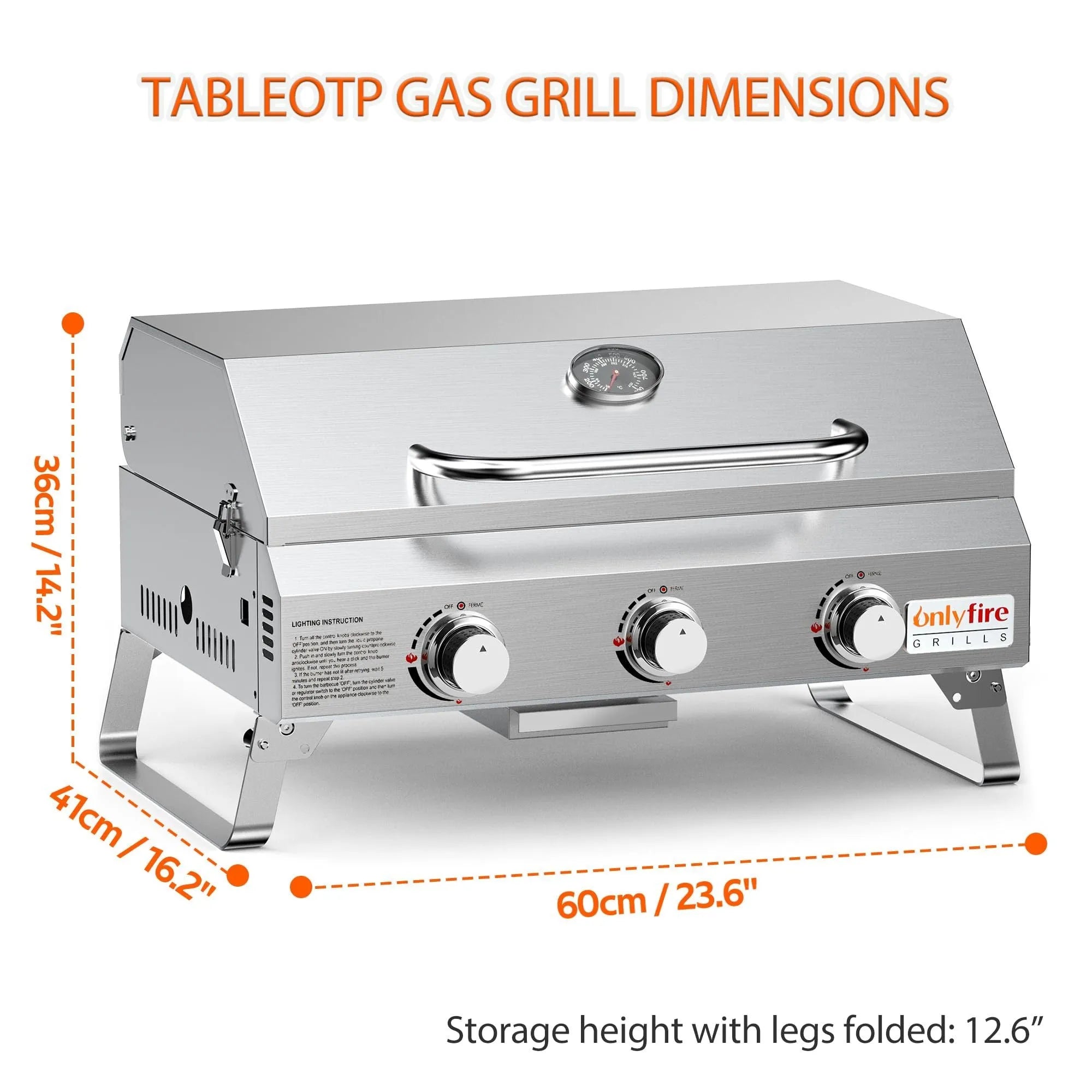 Silver desktop gas barbecue grill with three burners and foldable legs.
