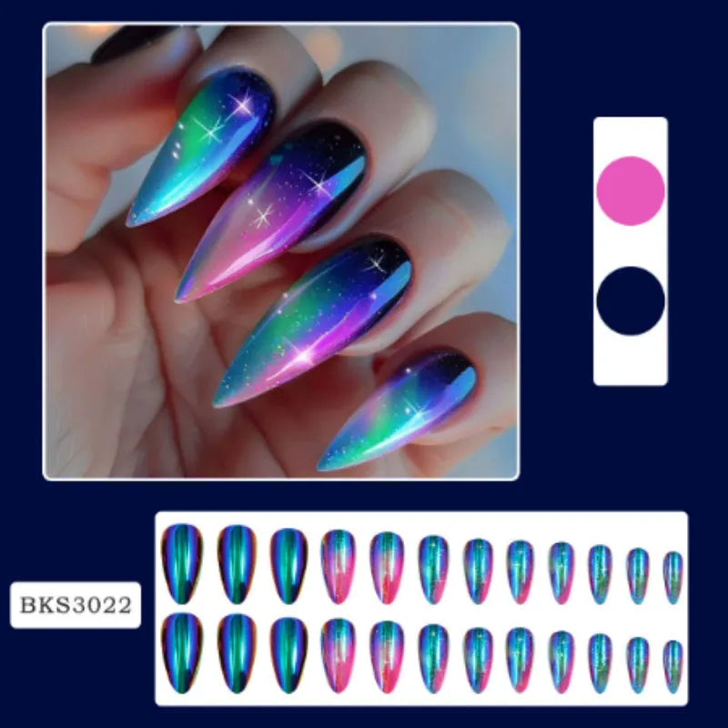 Wear Armour medium almond frosted nail stickers showing four designs: French colourful leaves, star flash macaron, gradient leopard print and colourful plating