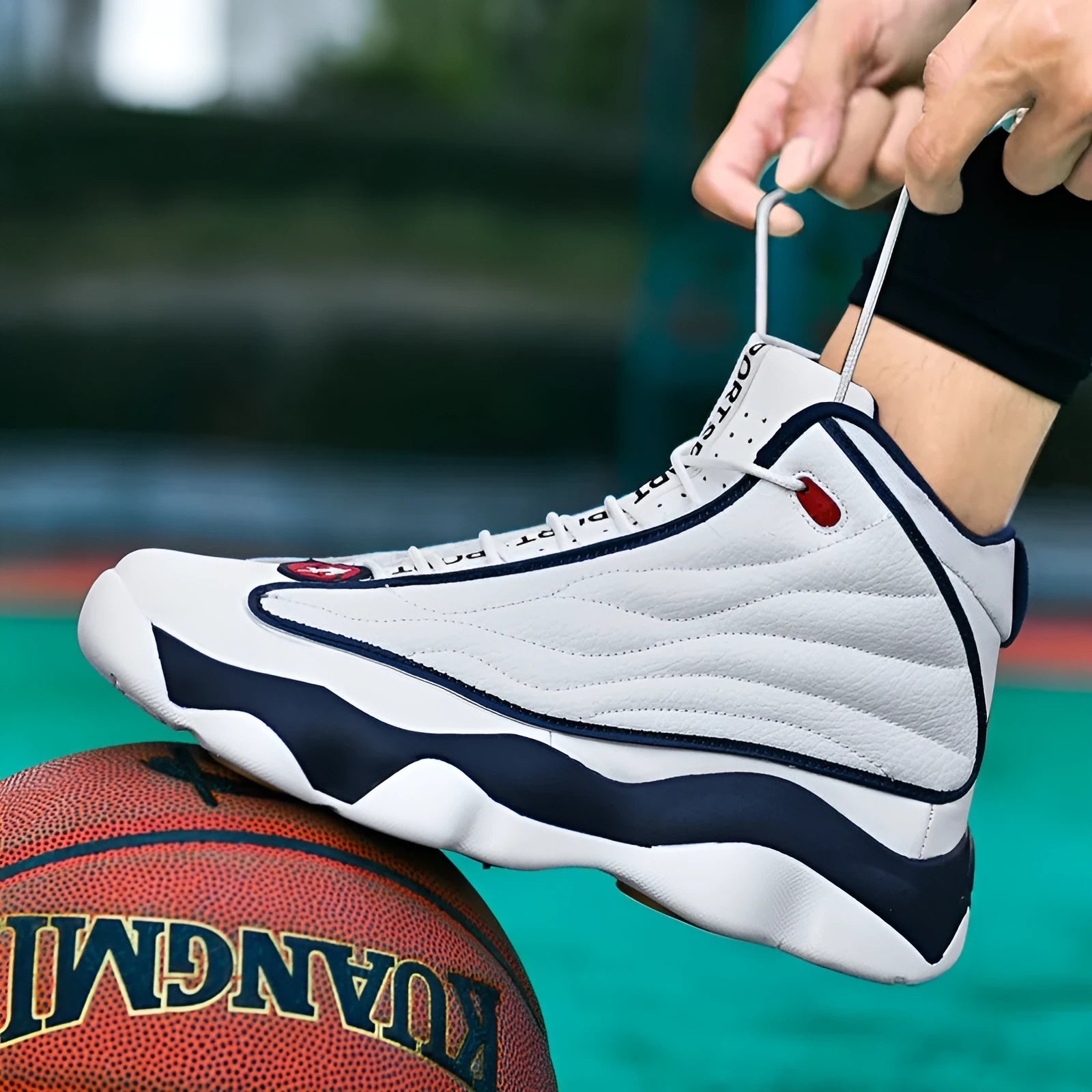 High-top basketball shoes in AJ13 colours with thick rubber sole and mesh upper