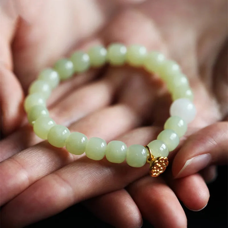 Green Hetian Jade bracelet with vintage beads, ethnic style adjustable jewellery for women
