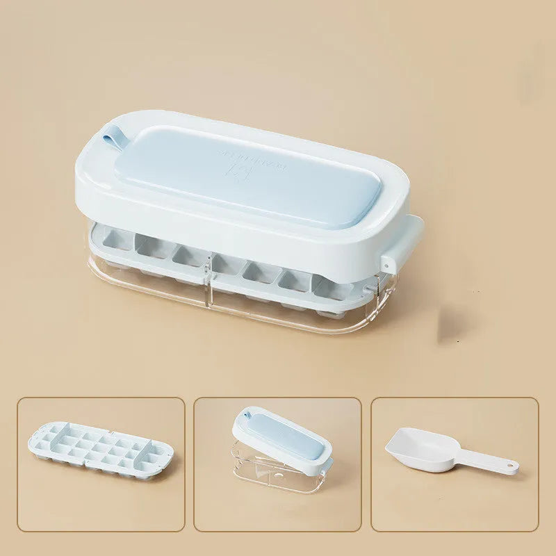 Yellow high-capacity grid ice cube tray with integrated storage slot for an ice shovel