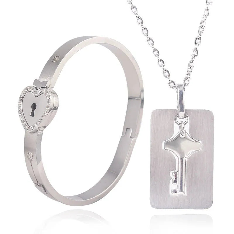 Titanium steel couple love lock bracelet key set necklace in electroplated finish