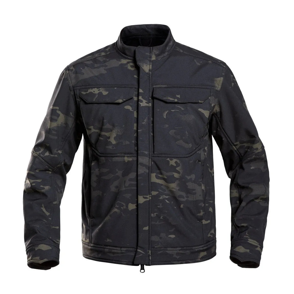 Bone Frog Peak Breaker soft shell tactical jacket in black camouflage for mountaineering.