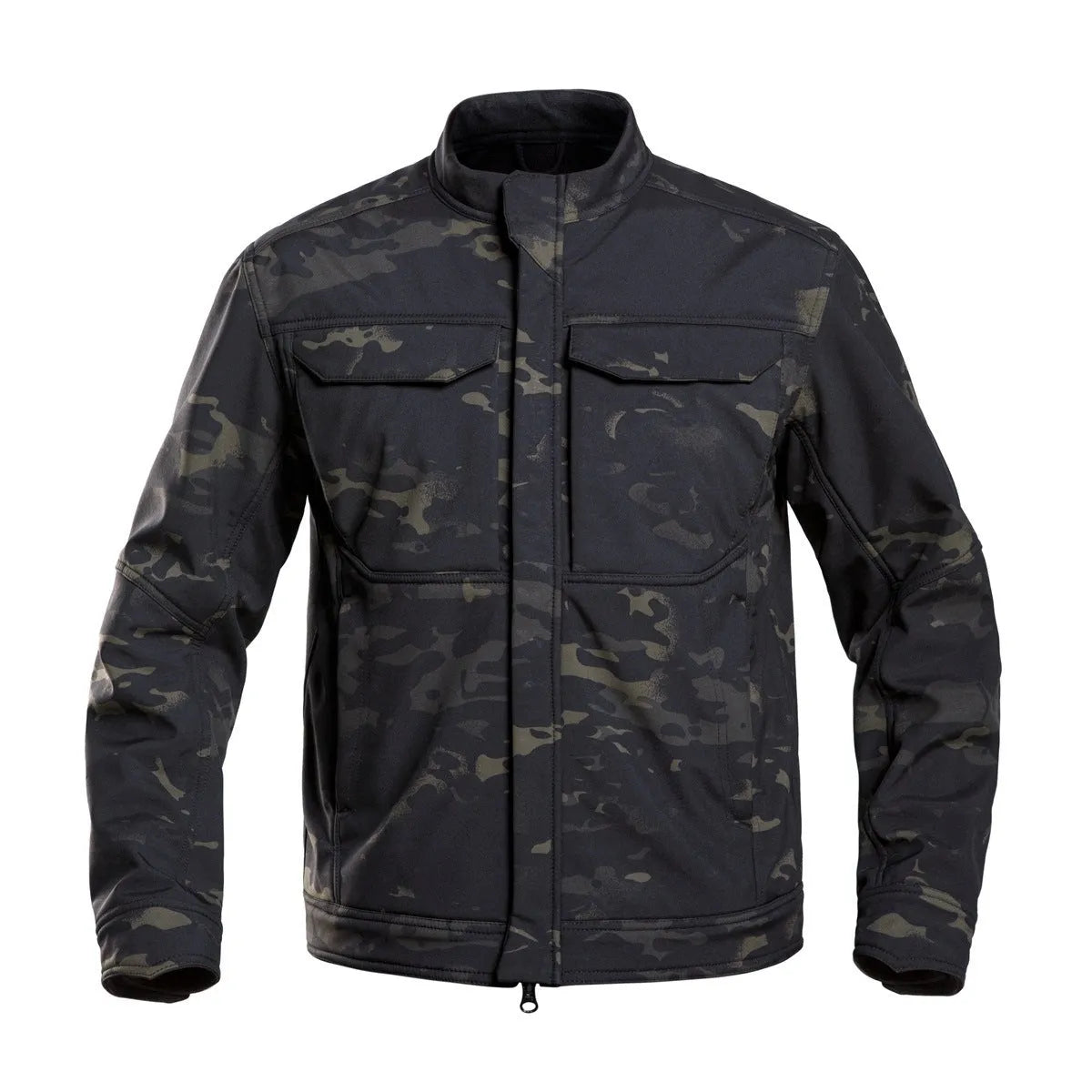 Bone Frog Peak Breaker soft shell tactical jacket in black camouflage for mountaineering.