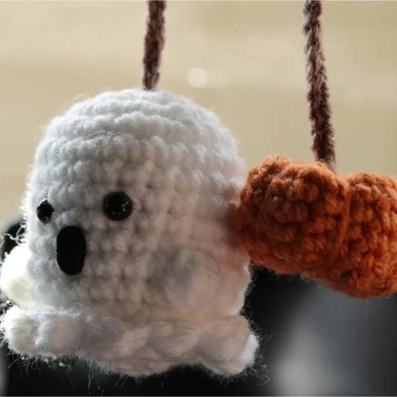 Plush hand-woven car hanging ornament in a cartoon design, made from soft polyester fabric.