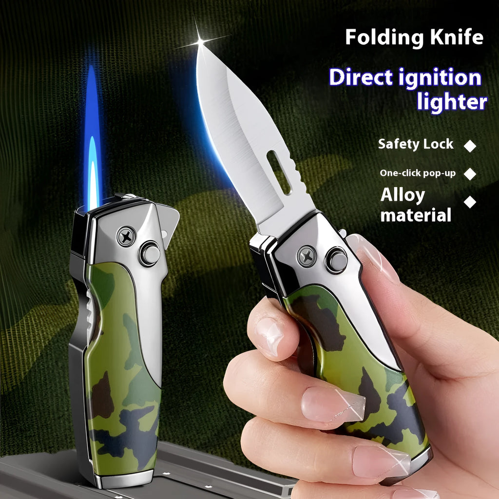 Metal folding lighter and pocket knife combo tool in zinc alloy with straight jet flame and folding blade