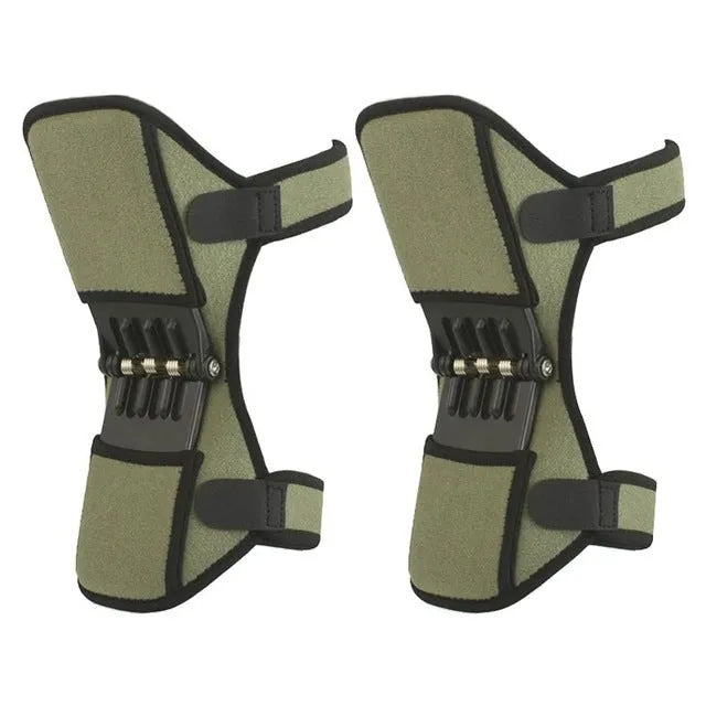 Black adjustable knee brace with patella support and visible booster spring mechanism for sports.