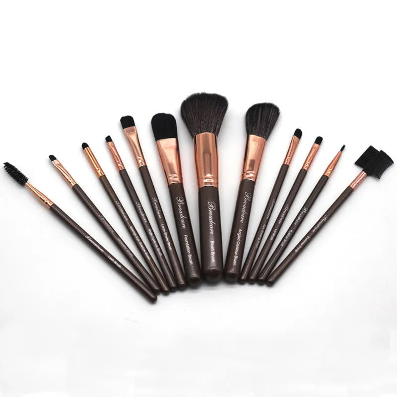 Multi-function makeup tool set with synthetic bristles and brown PU bag