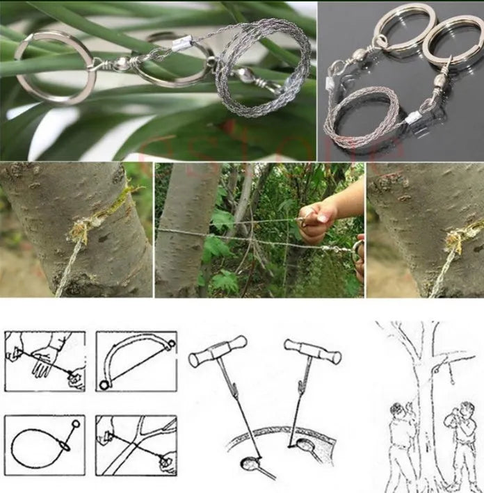 Stainless steel survival wire saw with ring attachments showing 55cm cutting length