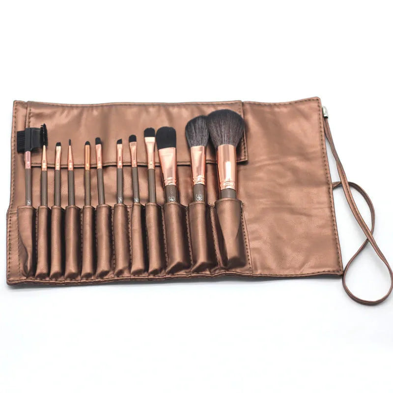 Multi-function makeup tool set with synthetic bristles and brown PU bag