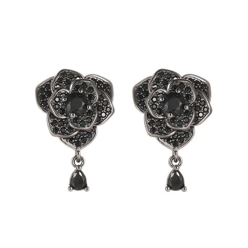 Black rose zircon flower-shaped stud earrings with 18K gold plating
