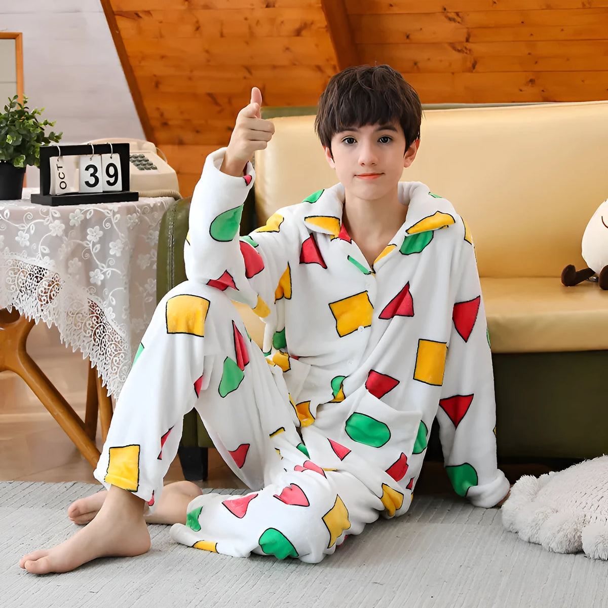 Boys flannel pajama set with long sleeves in Xiaoxin style, available in multiple sizes from M to XXL