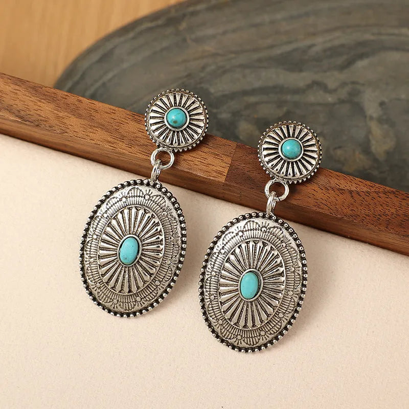 Alloy drop earrings in silver turquoise with electroplated finish, retro pumpkin flower shape