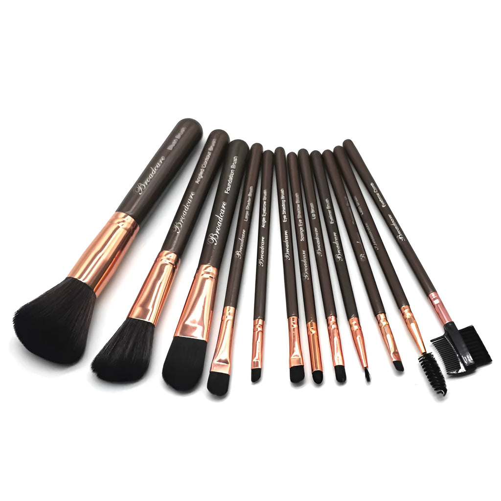 Multi-function makeup tool set with synthetic bristles and brown PU bag