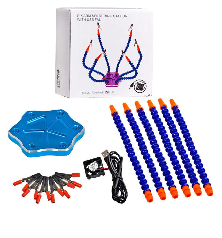 Black or purple aluminium alloy six-claw welding station with seven auxiliary arms for model soldering.