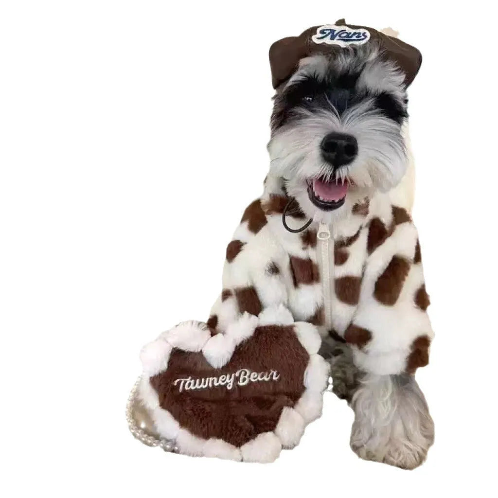 British-style pink polyester warm coat on small white dog showing size fit and design details
