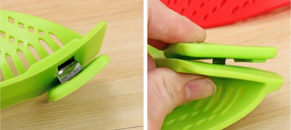 Silicone clip-on funnel strainer with stainless steel buckle for pots and pans