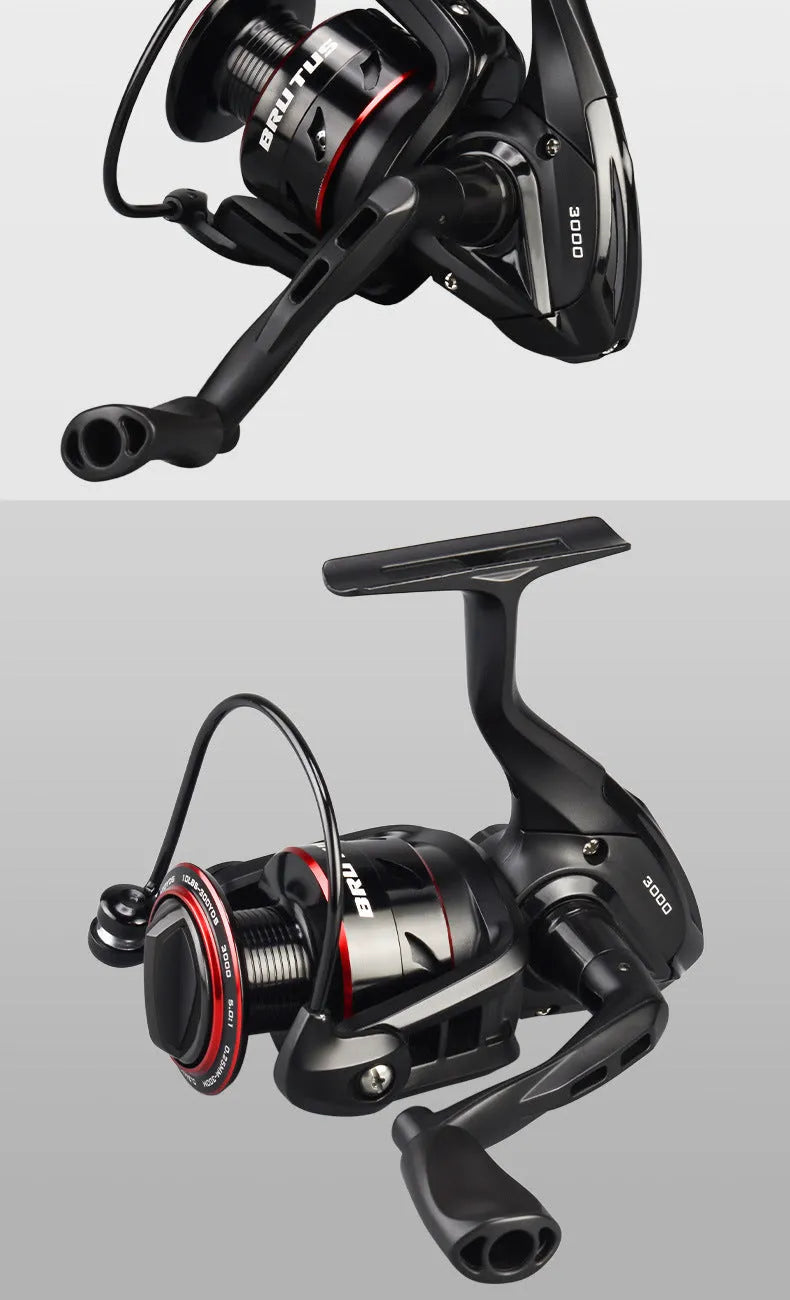All-metal fishing reel attached to telescopic fishing rod in collapsed position