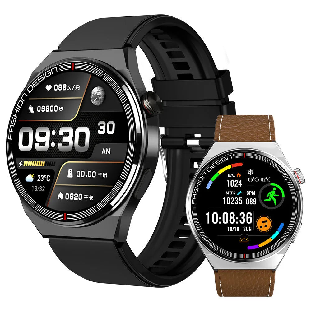 Black smartwatch with 1.28-inch screen on a silicone strap, showing heart rate and call interface