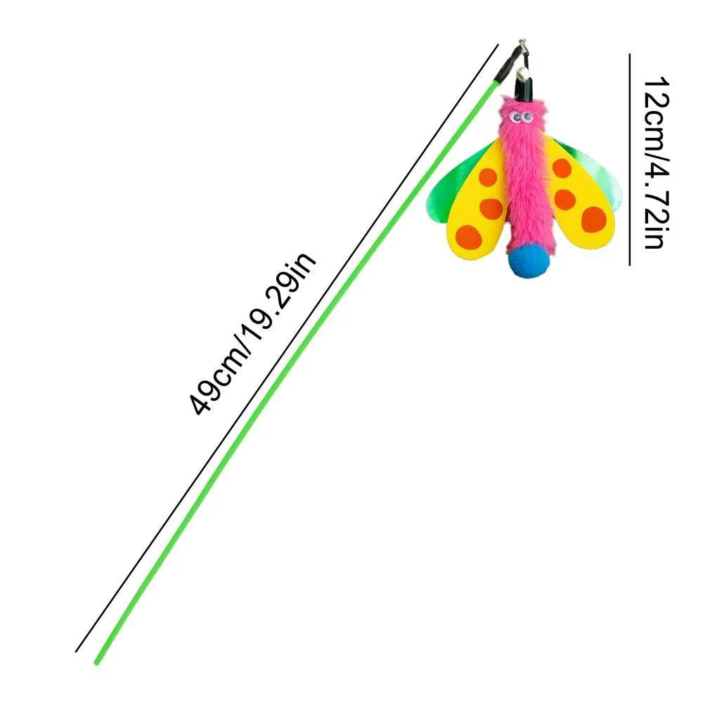 Blue cat wand toy with dragonfly attachment and bell on a 49cm stick