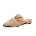 Women's suede pointed slippers with low square heel and bow detail, black colour, side view