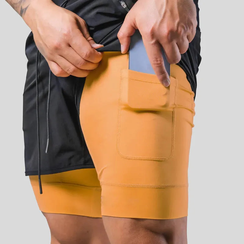 Men's double layer running shorts in light slate green with polyester lining, Asian sizes M-XXXL