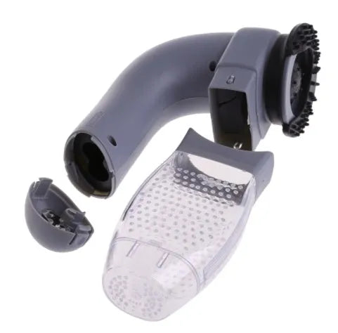 Grey portable pet hair vacuum cleaner with soft rubber head for grooming dogs and cats.