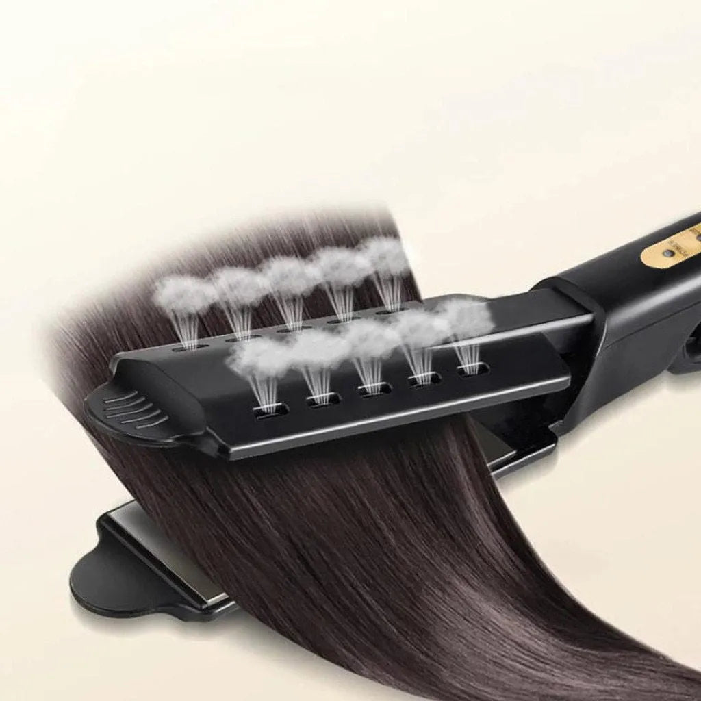 Black four-speed thermostat hair straightener with tourmaline ceramic plates, LCD control, and anti-scald groove