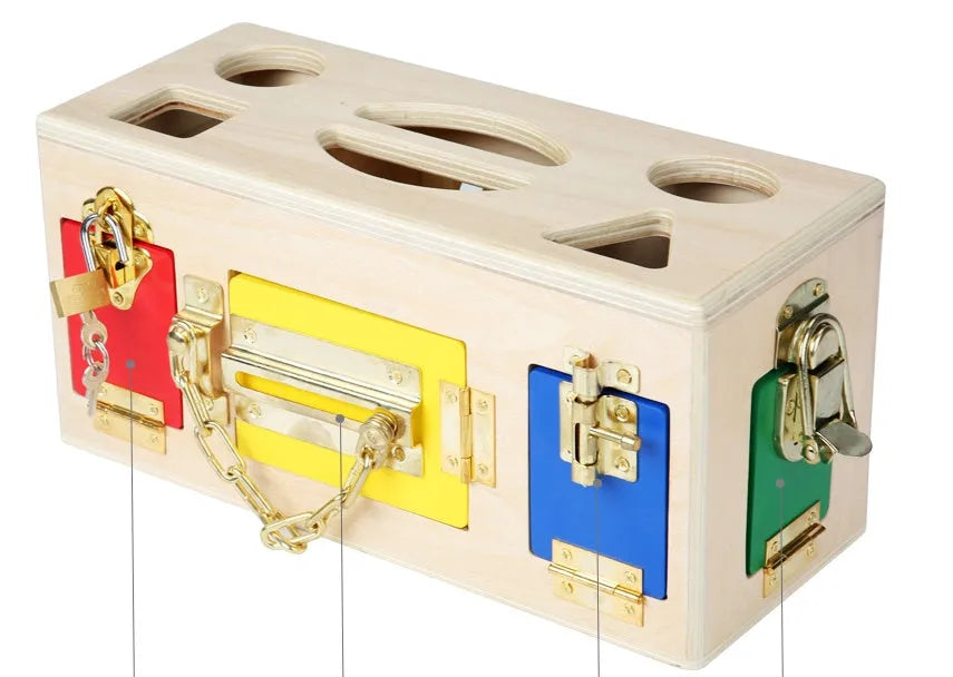 Wooden shape lock box educational toy with 12 colourful pieces for preschool children