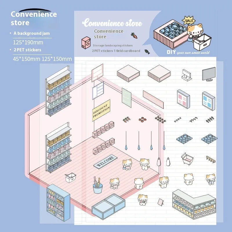 Set of eight colourful Capabala 3D business-themed cartoon stickers including bakery and bookstore designs.