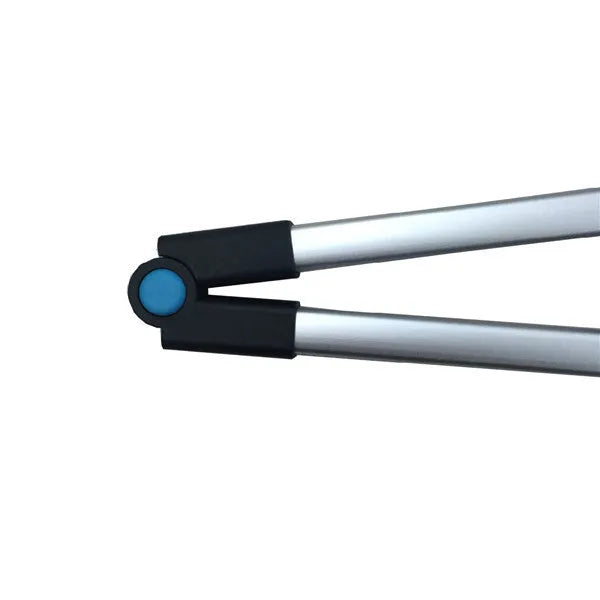 Blue telescopic aluminium fishing rod shown both extended and collapsed, with stainless steel reel seat and EVA handle.