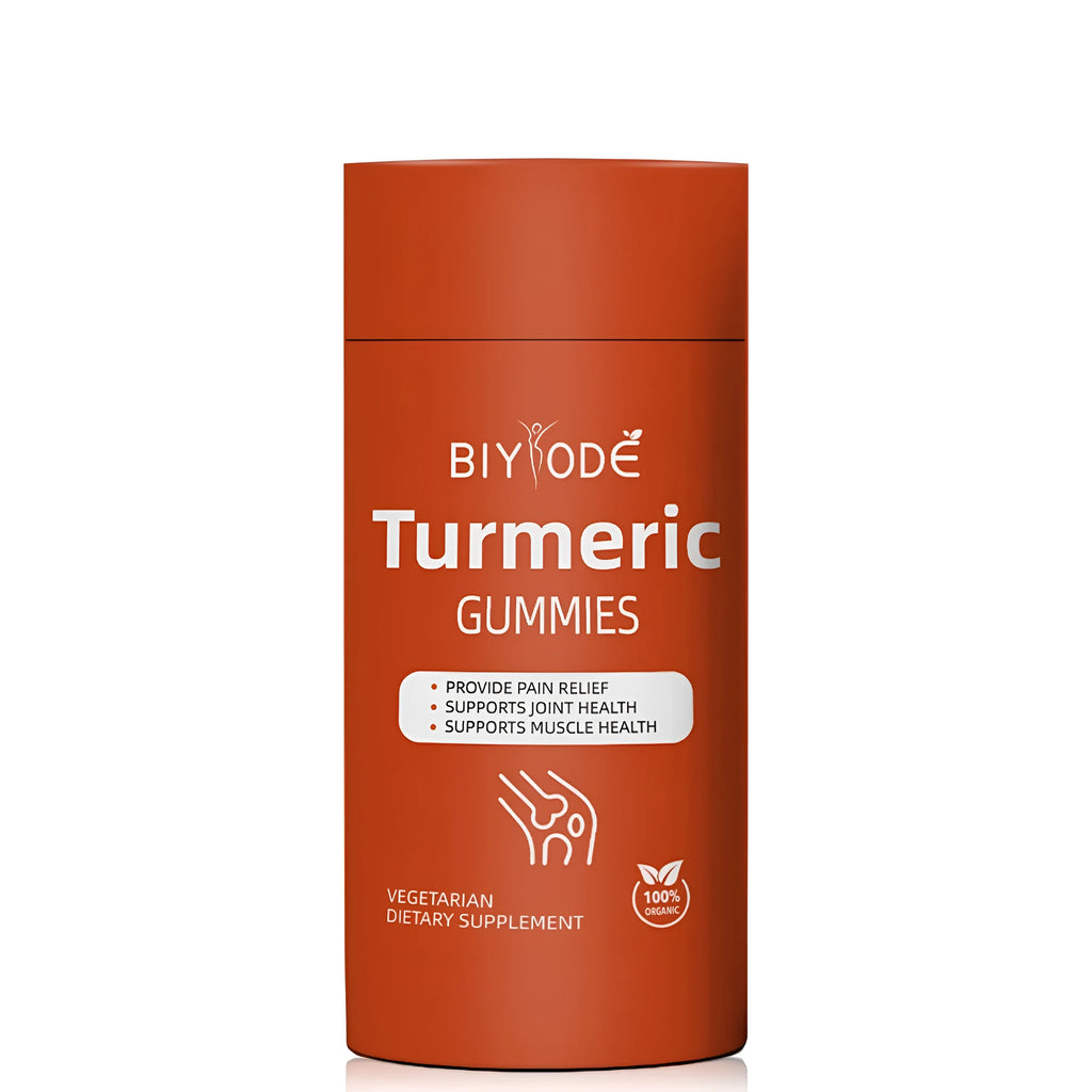 Bottle of organic turmeric gummies 60 count for immune support by biyode