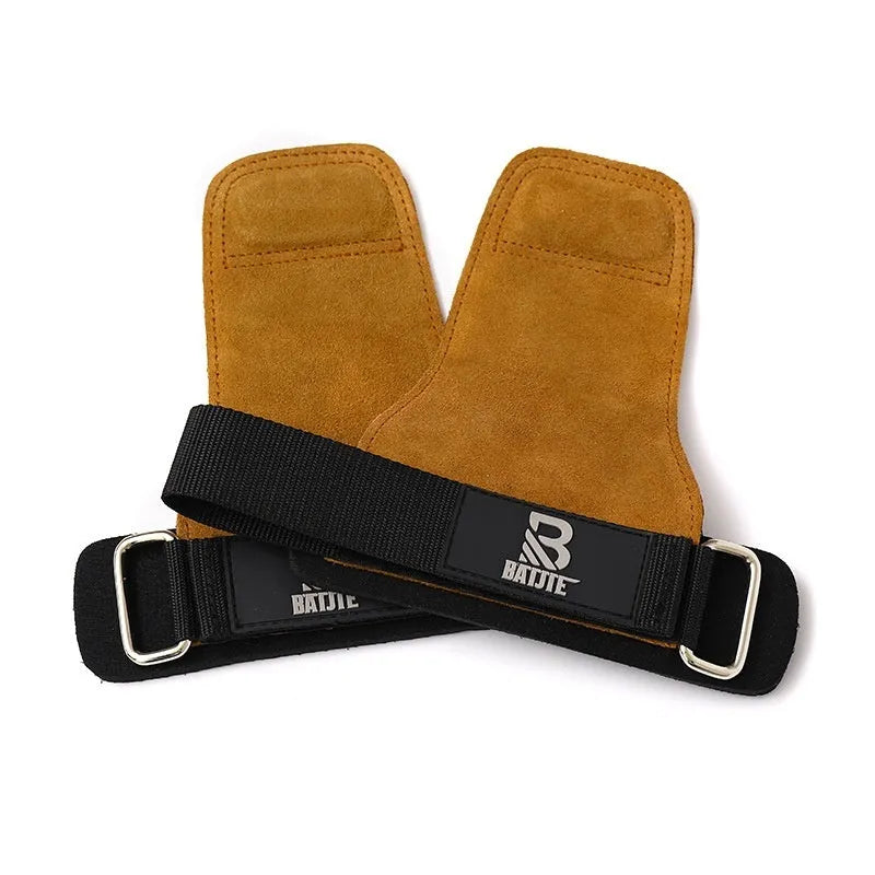 A pair of brown full-grain leather wrist support bands with hook-and-loop fasteners, laid flat.