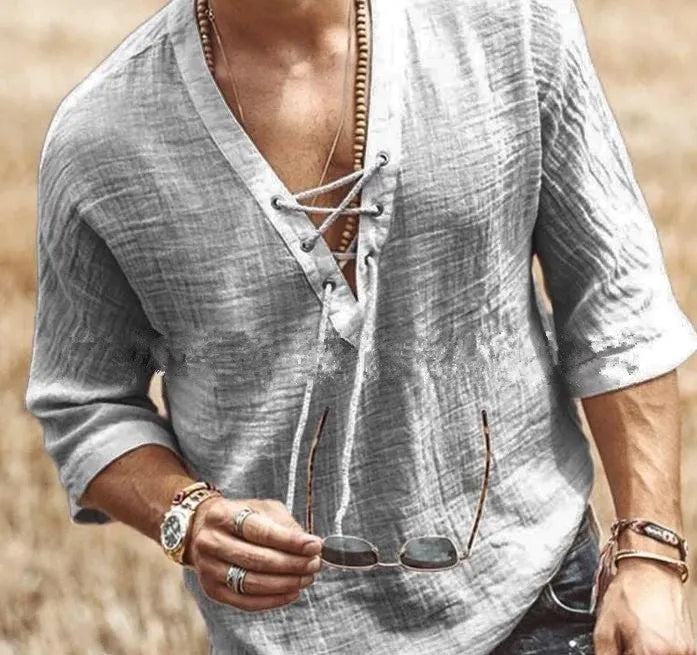 Men's V-neck casual t-shirt with chest straps and eyelets shown in apricot colour