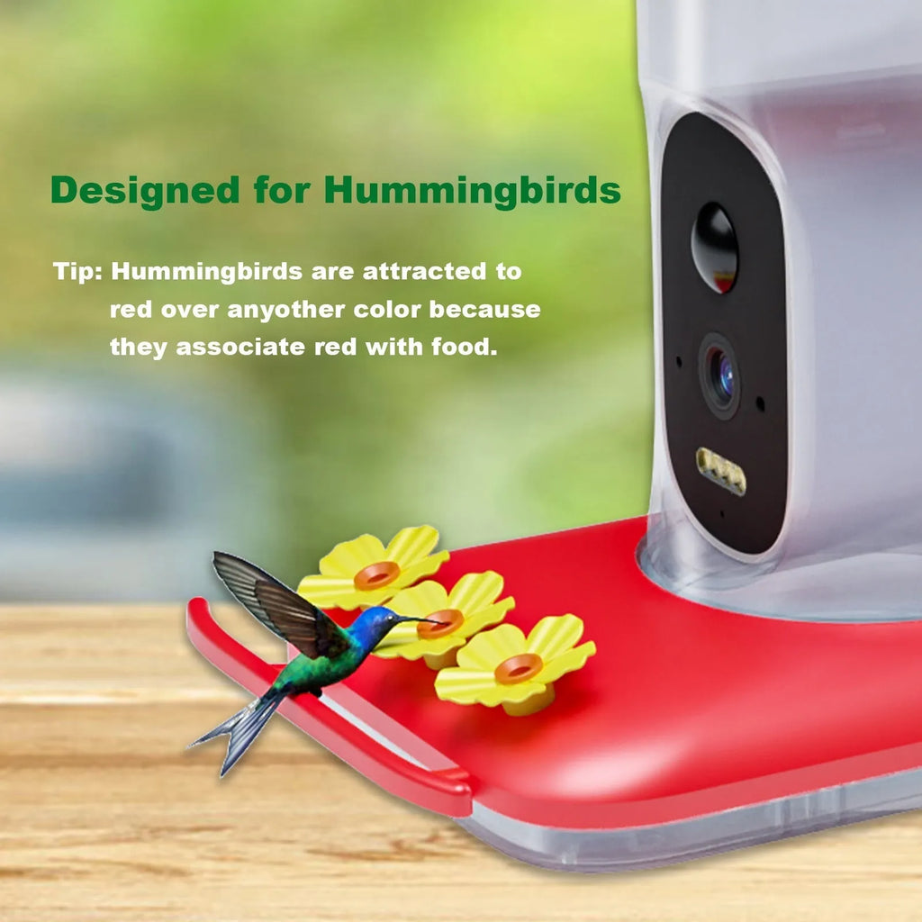 Red intelligent hummingbird water feeder with 5MP HD camera and solar panel mounted outdoors for garden wildlife monitoring