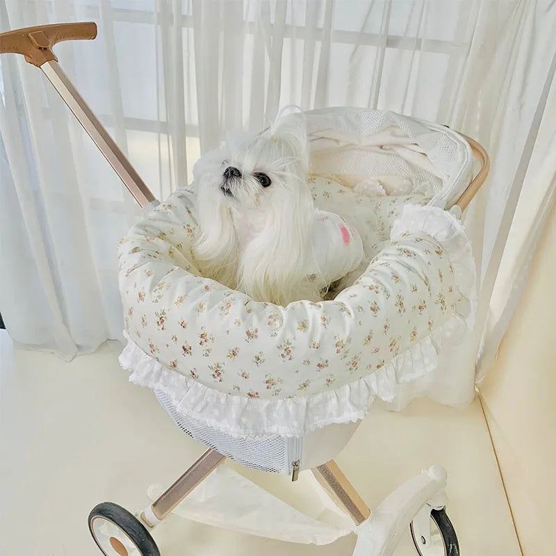 Pure cotton pet stroller accessory set showing anti-dirty towel, cushion, and pillow in a blue green apple pattern.