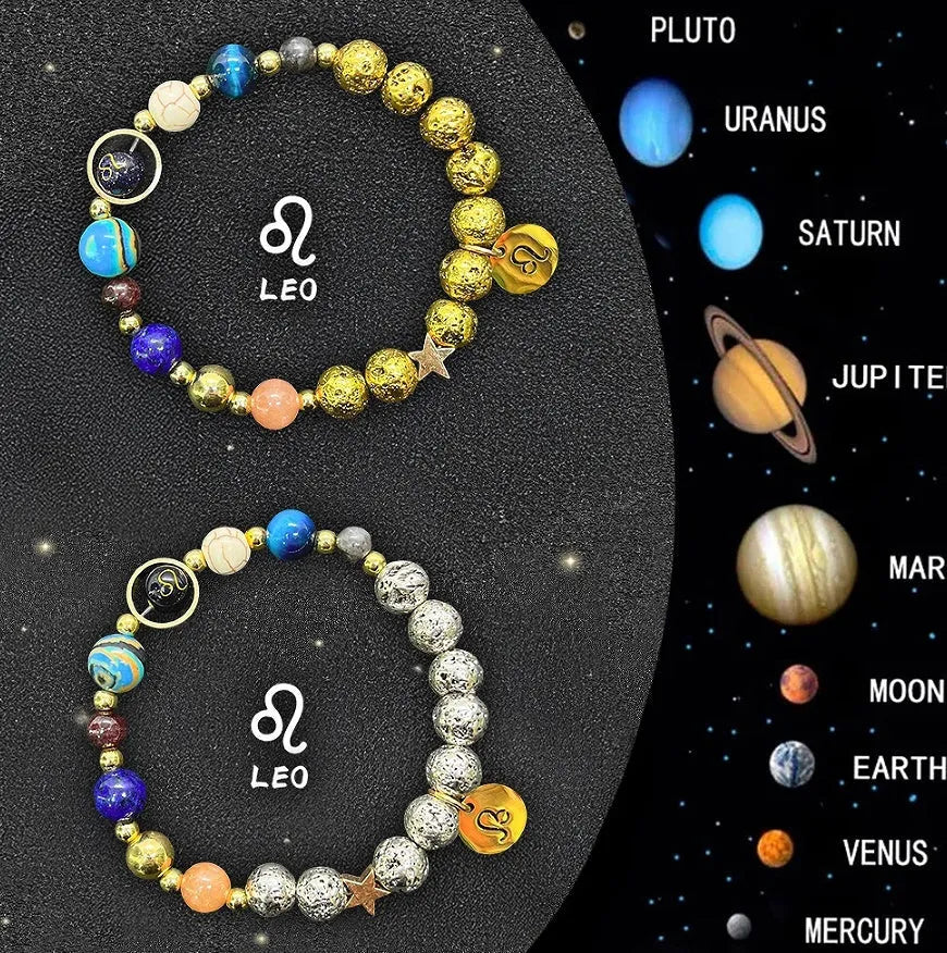 Natural stone bead zodiac bracelets for twelve astrological signs with adjustable cord.