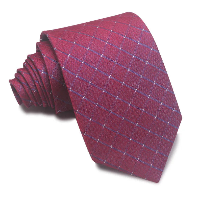 Men's striped jacquard business tie in red, showing arrow head shape and 8cm width.