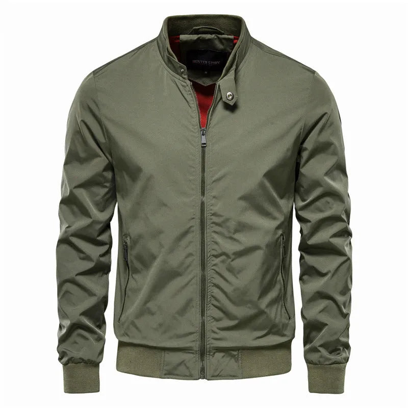 Men's solid colour lightweight polyester casual jacket shown in dark blue, black, or Army Green.