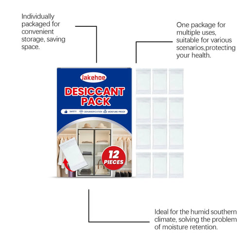 Pack of 12 white calcium chloride desiccant units for household moisture control