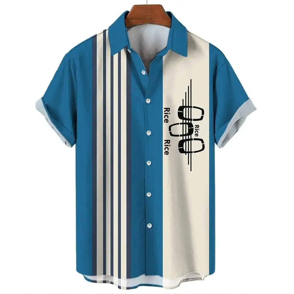 Man wearing a striped short sleeve Hawaiian shirt with button front.