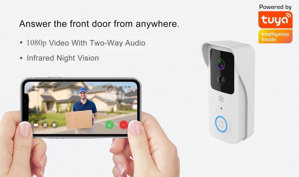 Smart home visual doorbell security camera with app push notification system and 18650 battery power.