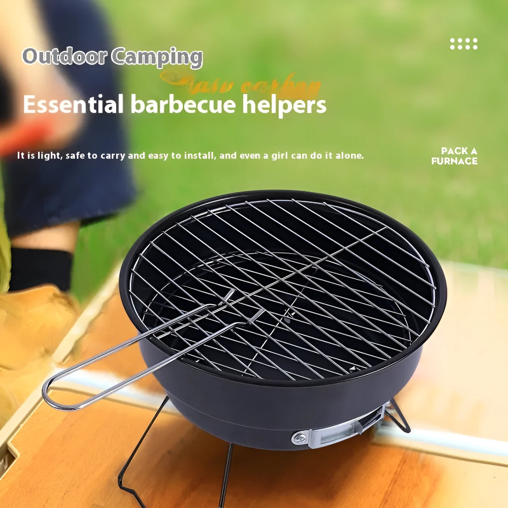 Small folding round outdoor ice stove and barbecue grill set with mesh, legs, and storage bag.