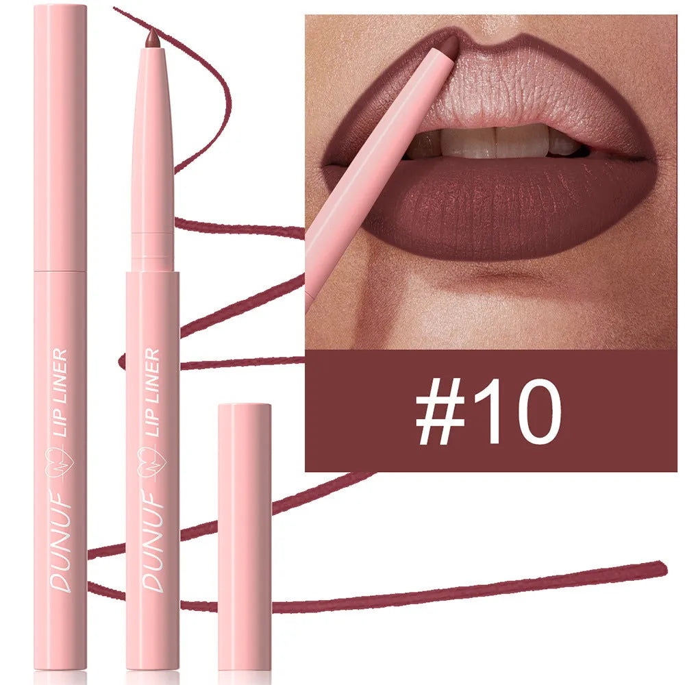Velvet matte lip liner pencil in a display of 12 different colour shades.