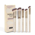 MAANGE five-piece angled blush and foundation makeup brush set with apricot handles.